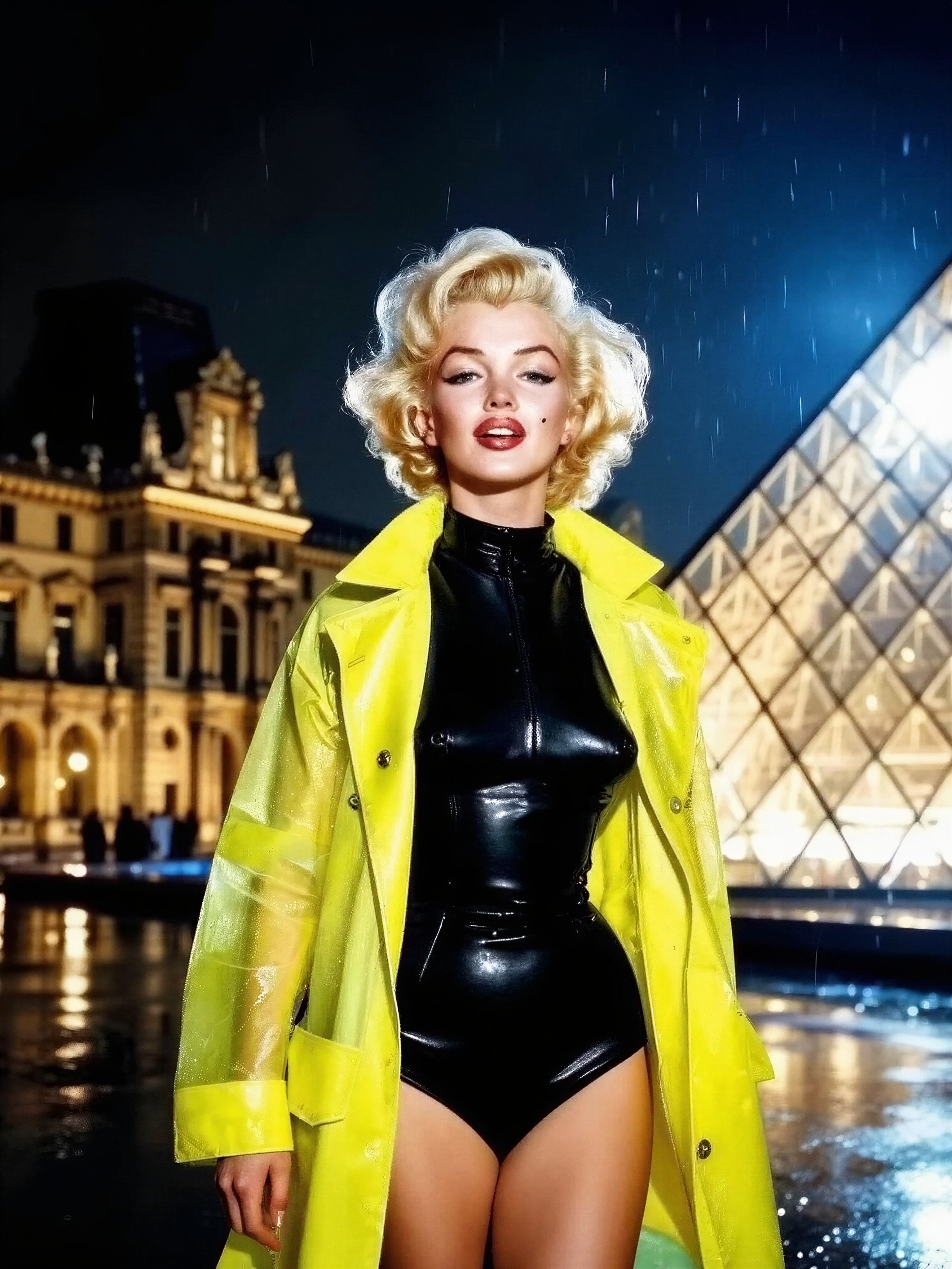 Marilyn Monroe Louvre Pyramid Rain — AI generated image
