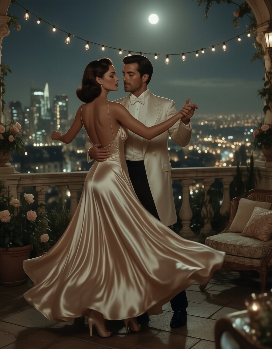 Vintage Moonlit Dance on Terrace — AI generated image