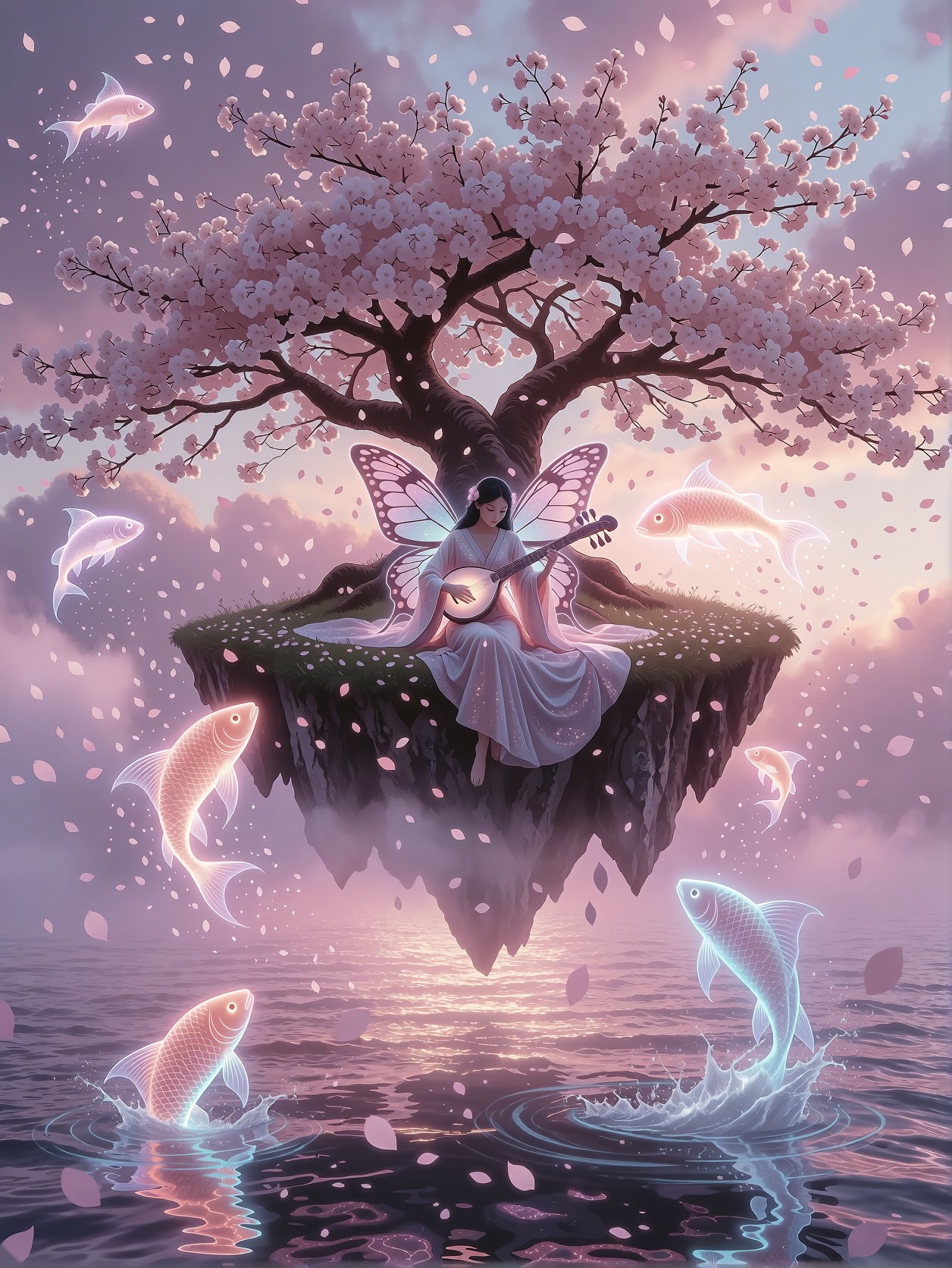 Winged Woman With Glowing Instrument On Floating Island — AI generated image