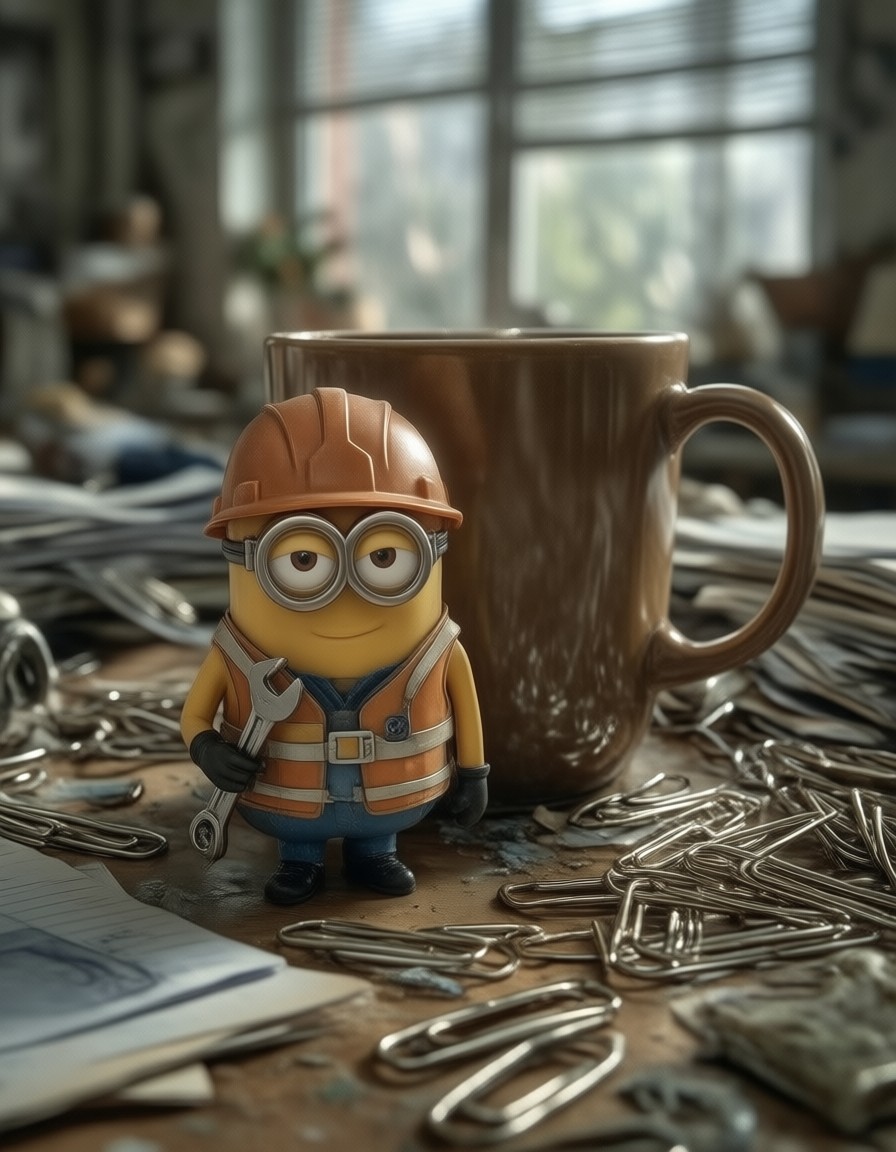 Cute Minion on Messy Office Desk — AI generated image