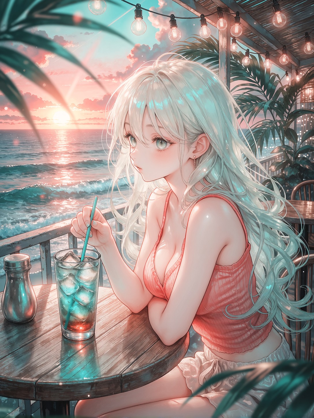 Anime Girl Stirring Iced Drink At Sunset — AI generated image