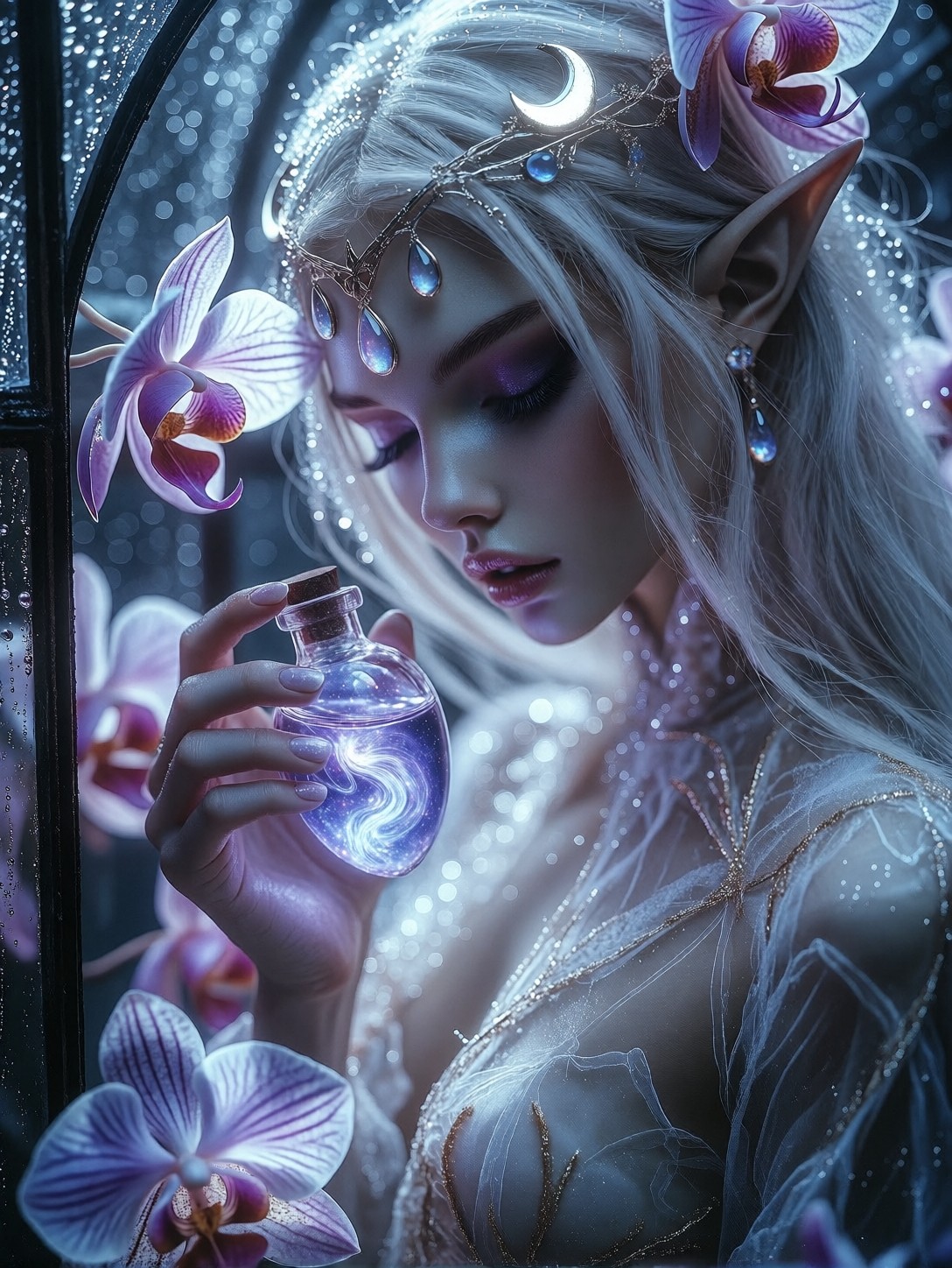 Ethereal Elf Priestess in Moonlit Conservatory — AI generated image