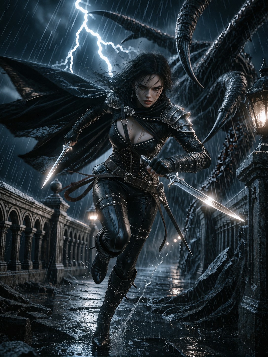 Dark Fantasy Assassin Sprinting Rain — AI generated image