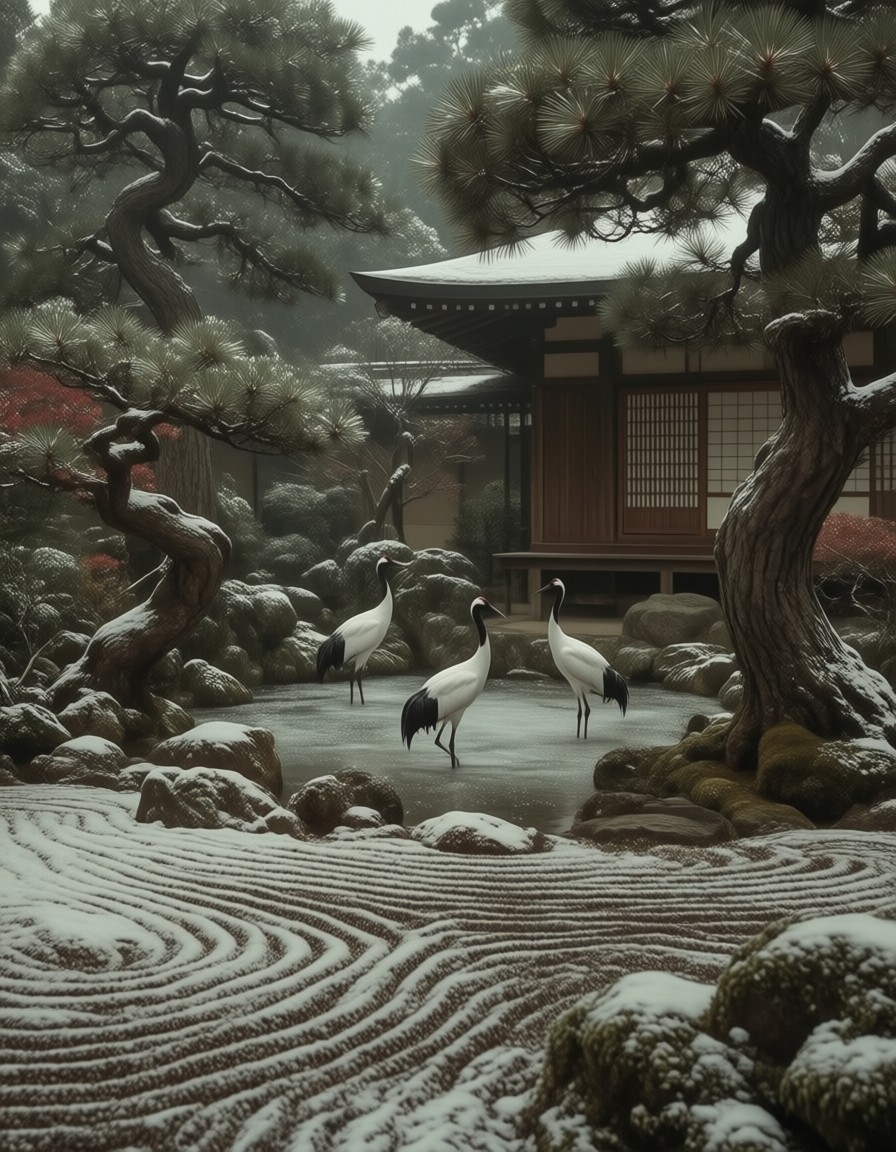 Serene Snow-Covered Karesansui Garden — AI generated image