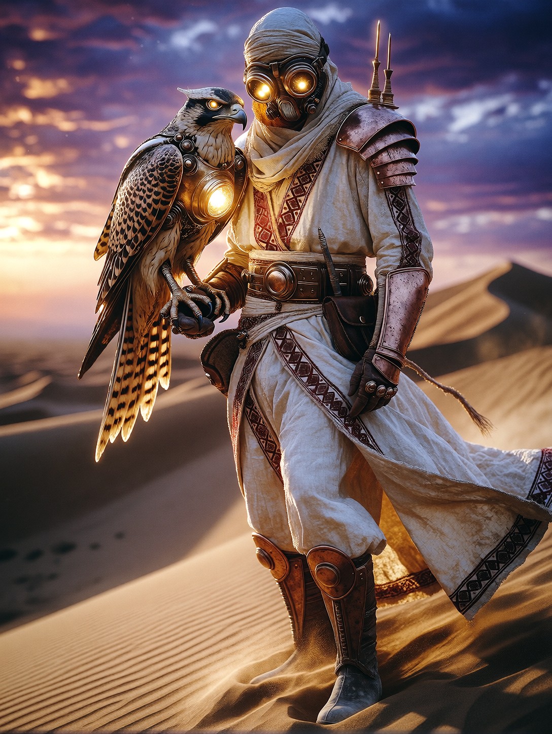 Weathered Desert Nomad With Mechanical Falcon — AI generated image