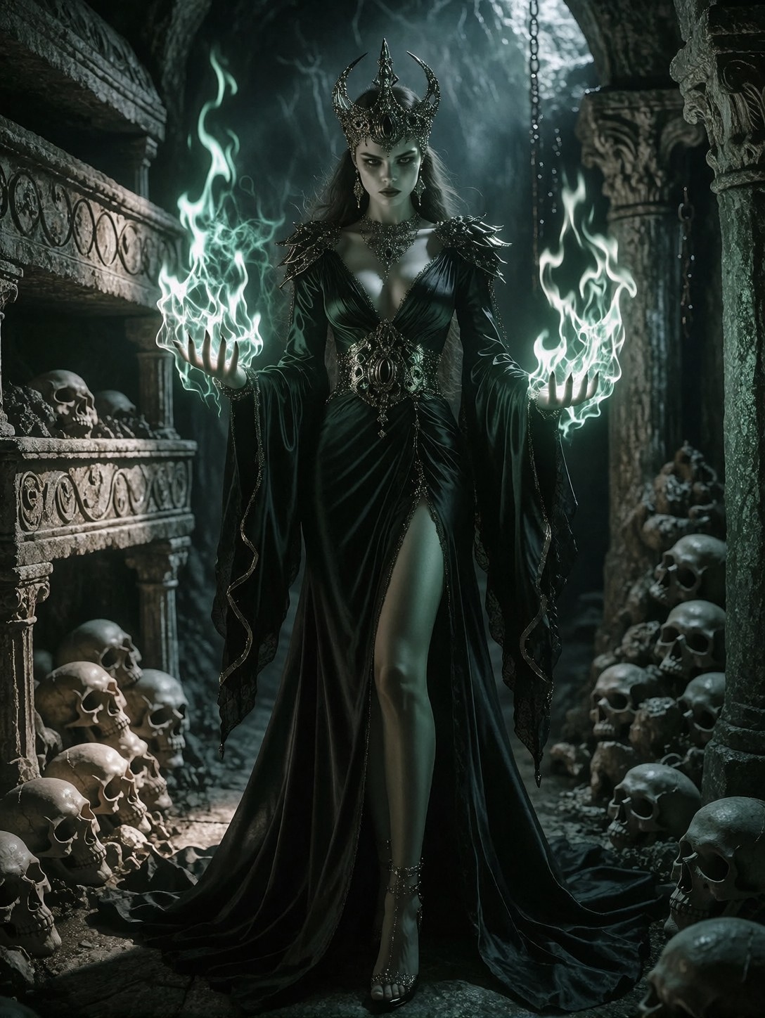 Powerful Necromancer In Shadowed Crypt — AI generated image