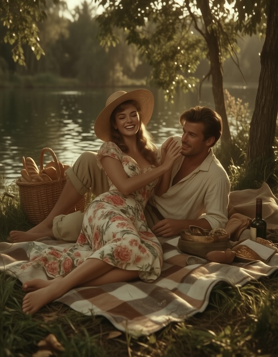 Golden Hour Romance at Countryside Picnic — AI generated image