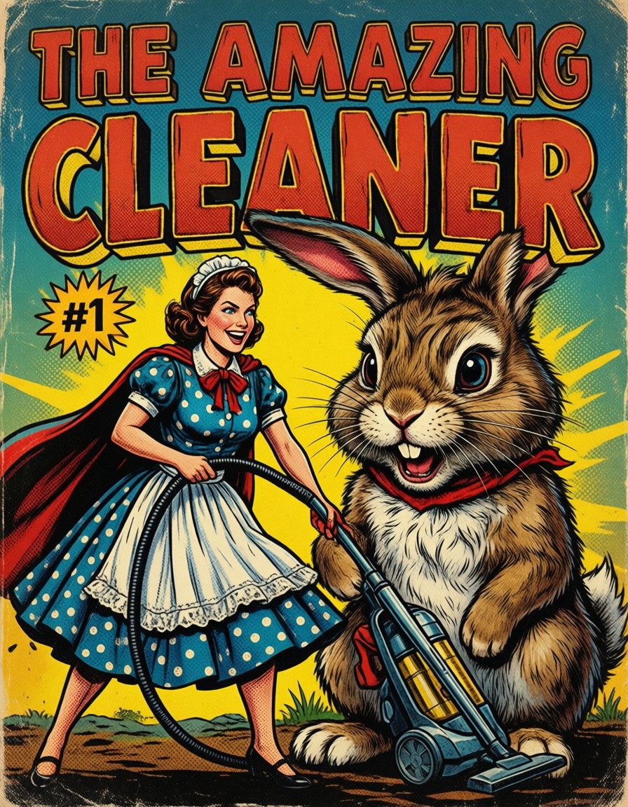 Heroic Housewife vs. Dust Bunny — AI generated image