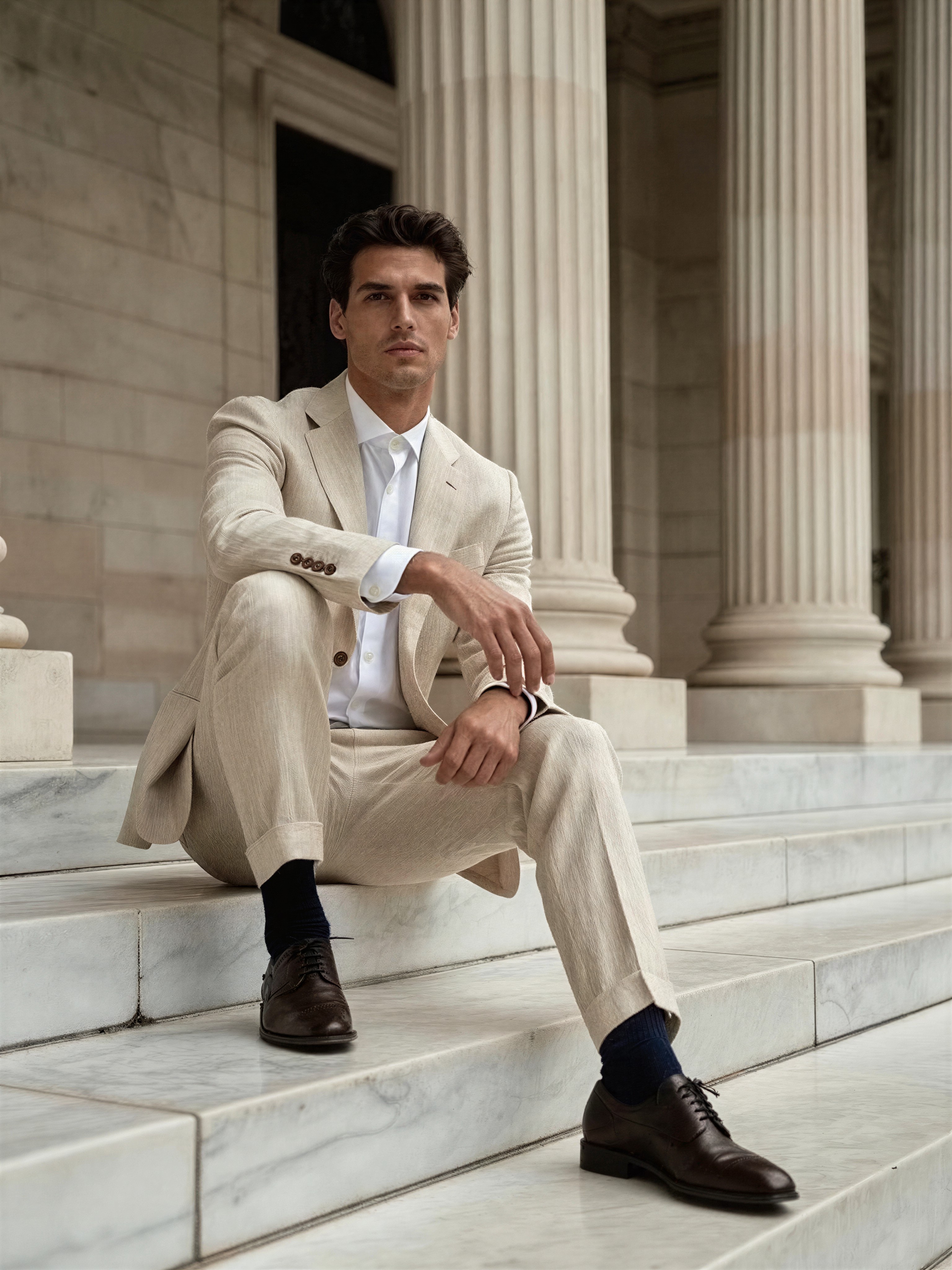 Elegant Man in Beige Suit on Marble Steps — AI generated image