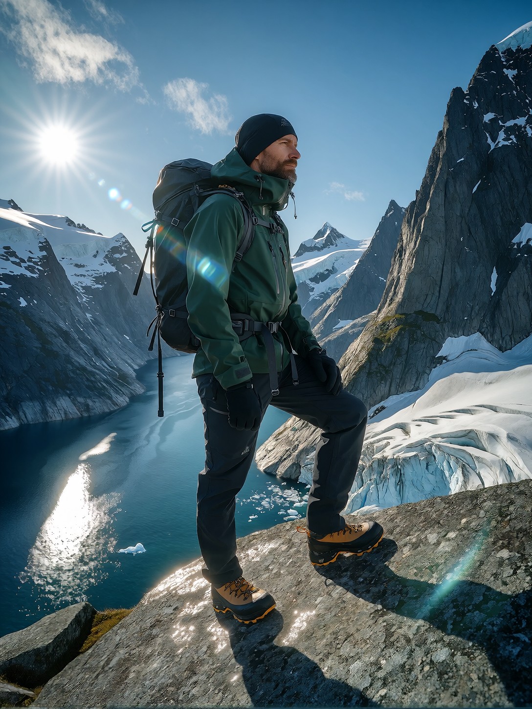 Solitary Male Hiker Overlooking Norwegian Fjord — AI generated image