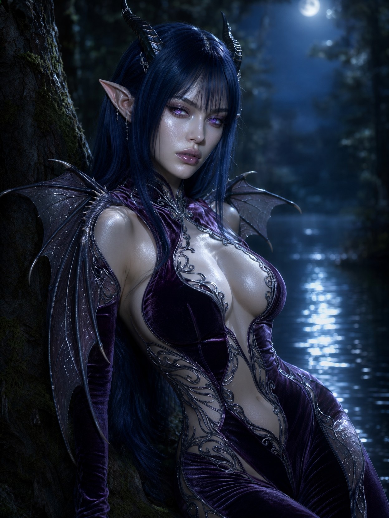 Elven Dragon-Winged Woman Midnight Forest — AI generated image