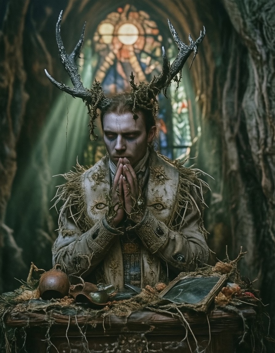 Twisted Antler Figure in Forgotten Chapel — AI generated image