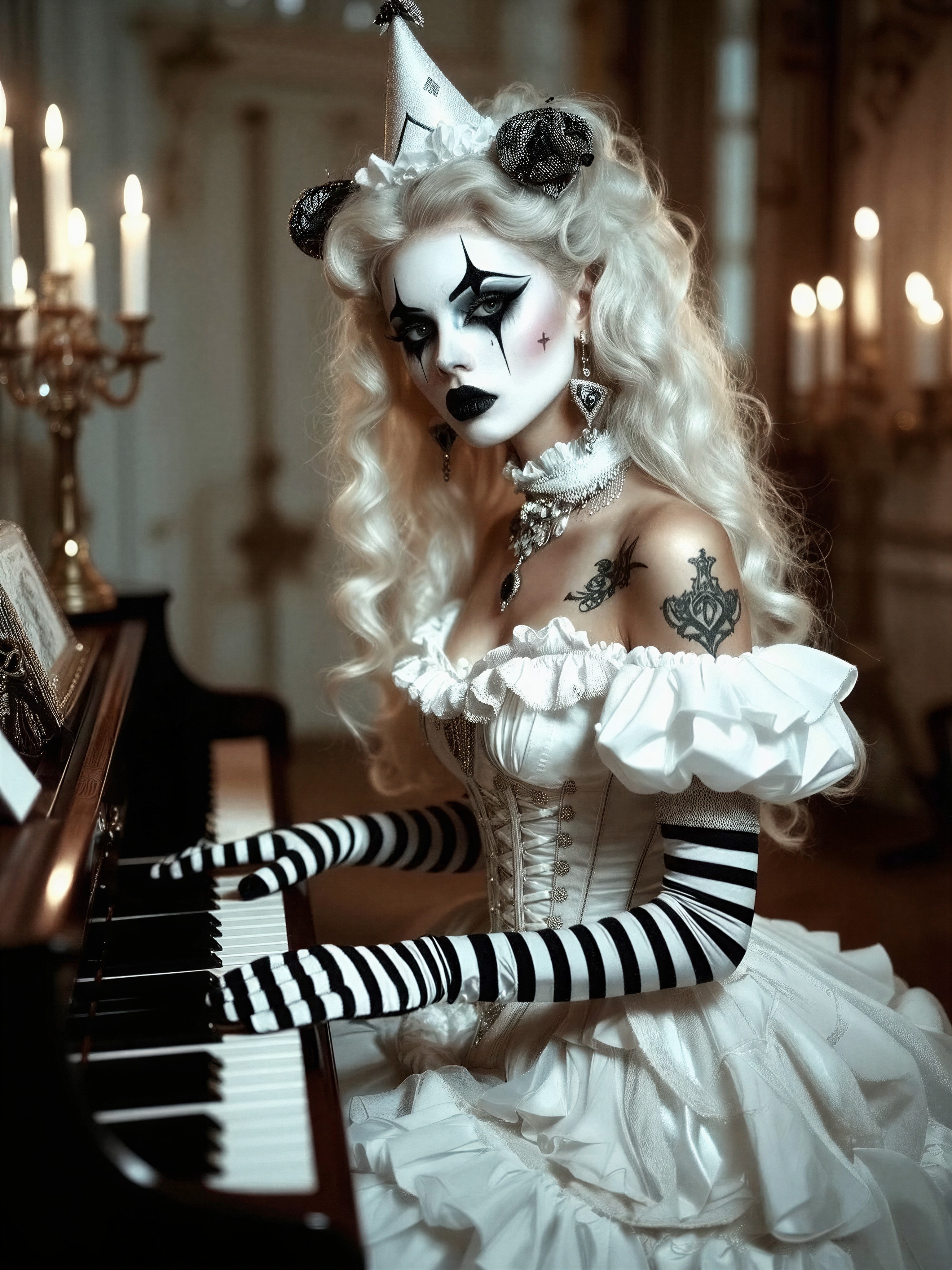 Elegant Gothic Harlequin at Piano — AI generated image