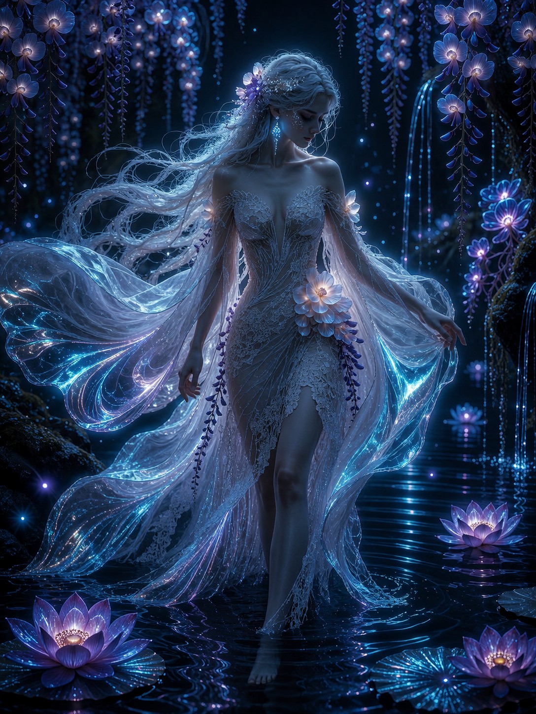Ethereal Woman Amidst Glowing Waterfalls — AI generated image