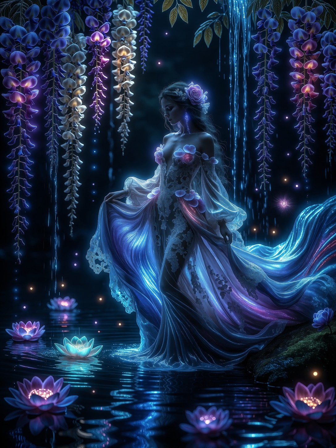 Glowing Bioluminescent Woman In Midnight Lagoon — AI generated image