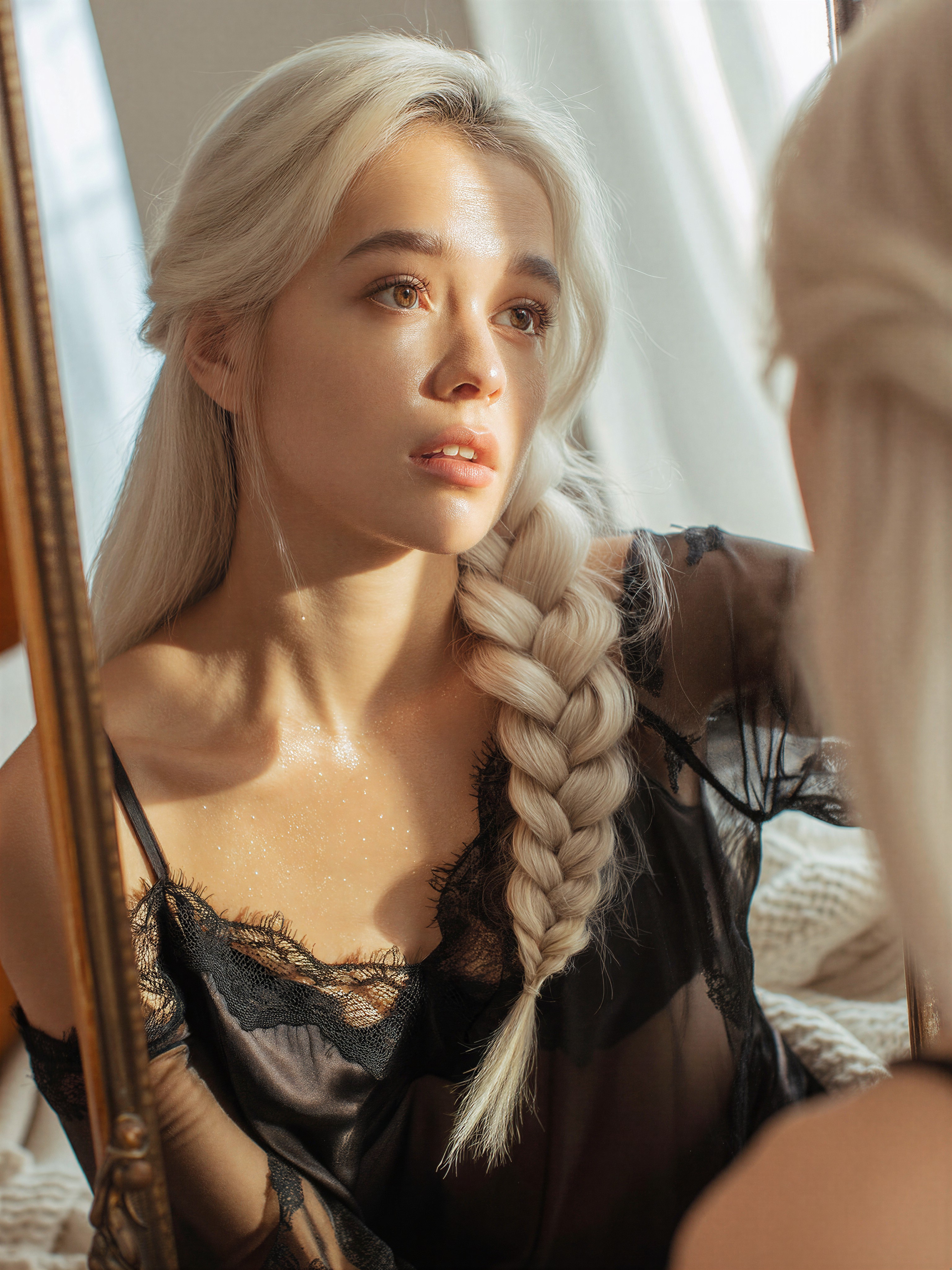 Cinematic Close-Up of a Young Woman in a Mirror — AI generated image