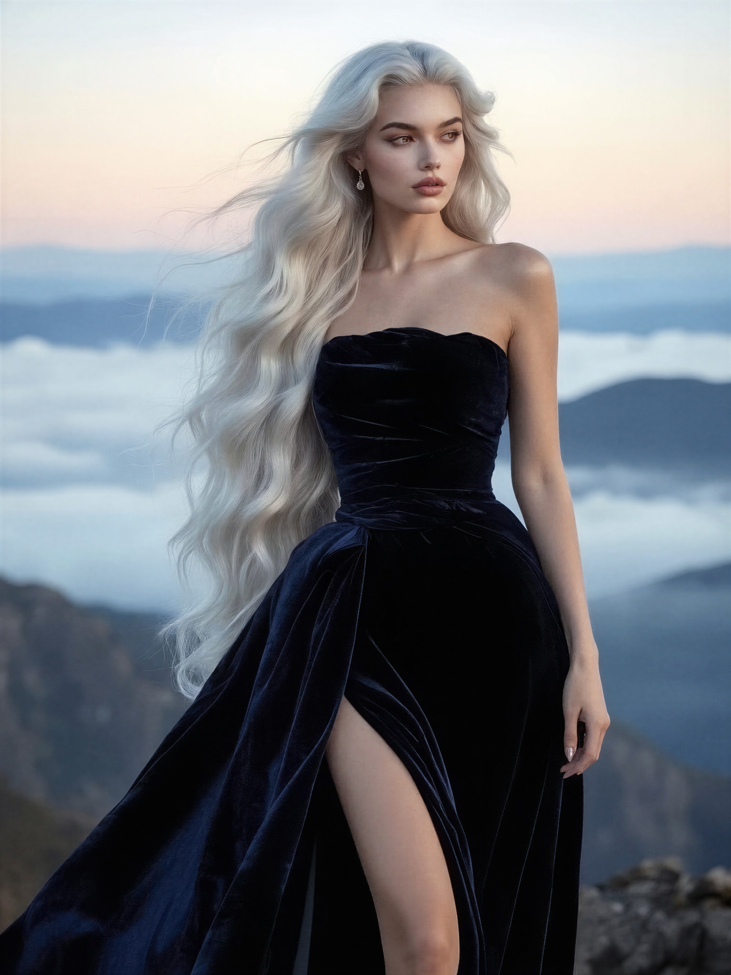 Platinum-Blonde Woman in Velvet Gown, Sunrise Mountain — AI generated image