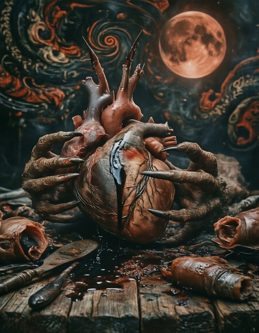 Grotesque Feast on Blood-Red Table — AI generated image