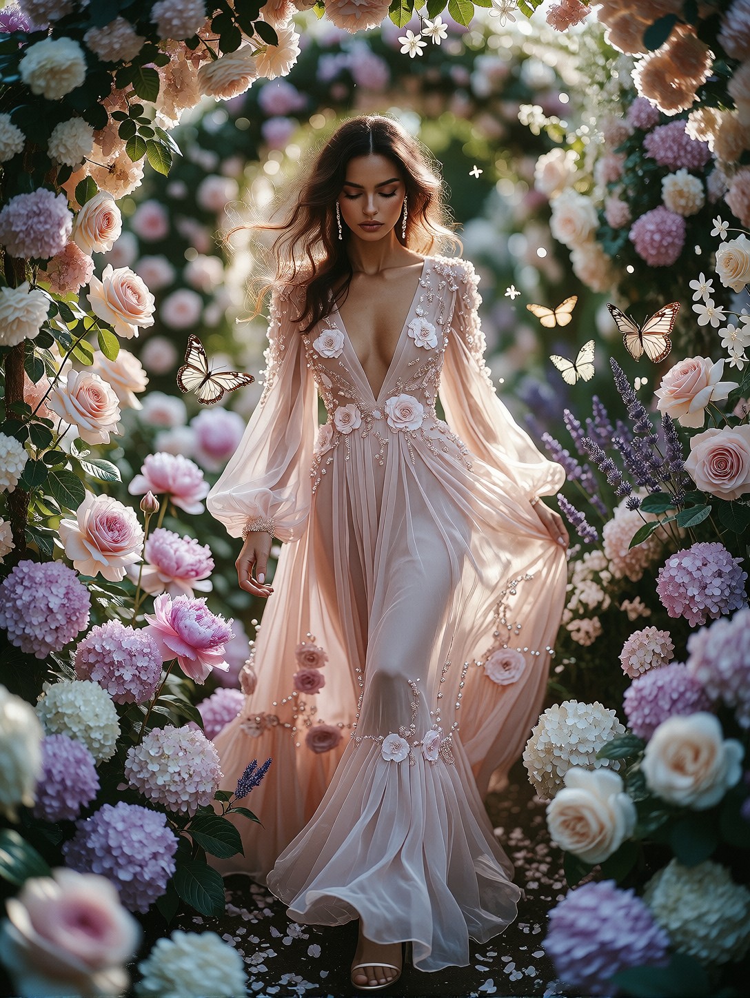 Elegant Woman Walking Through Dreamy Flower Garden — AI generated image