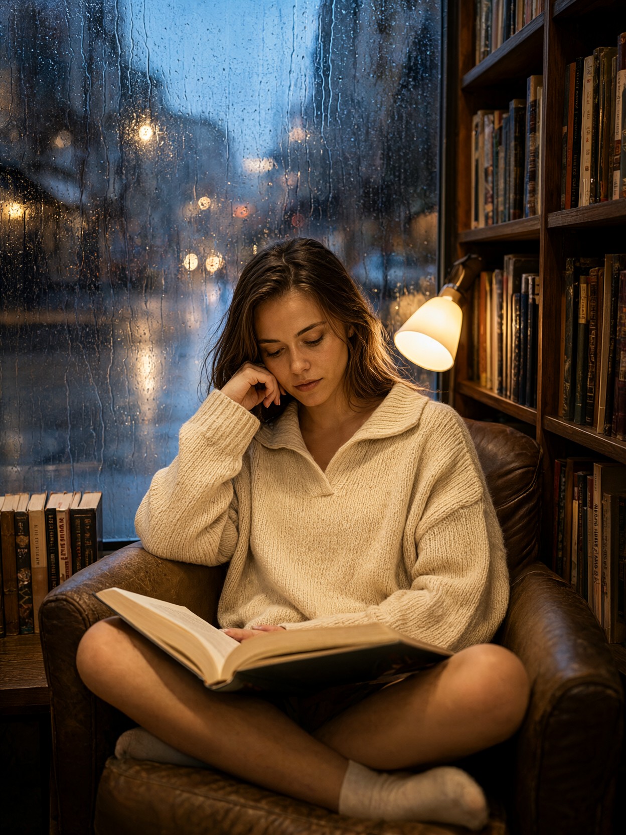 Cozy Bookstore Reading At Dusk — AI generated image