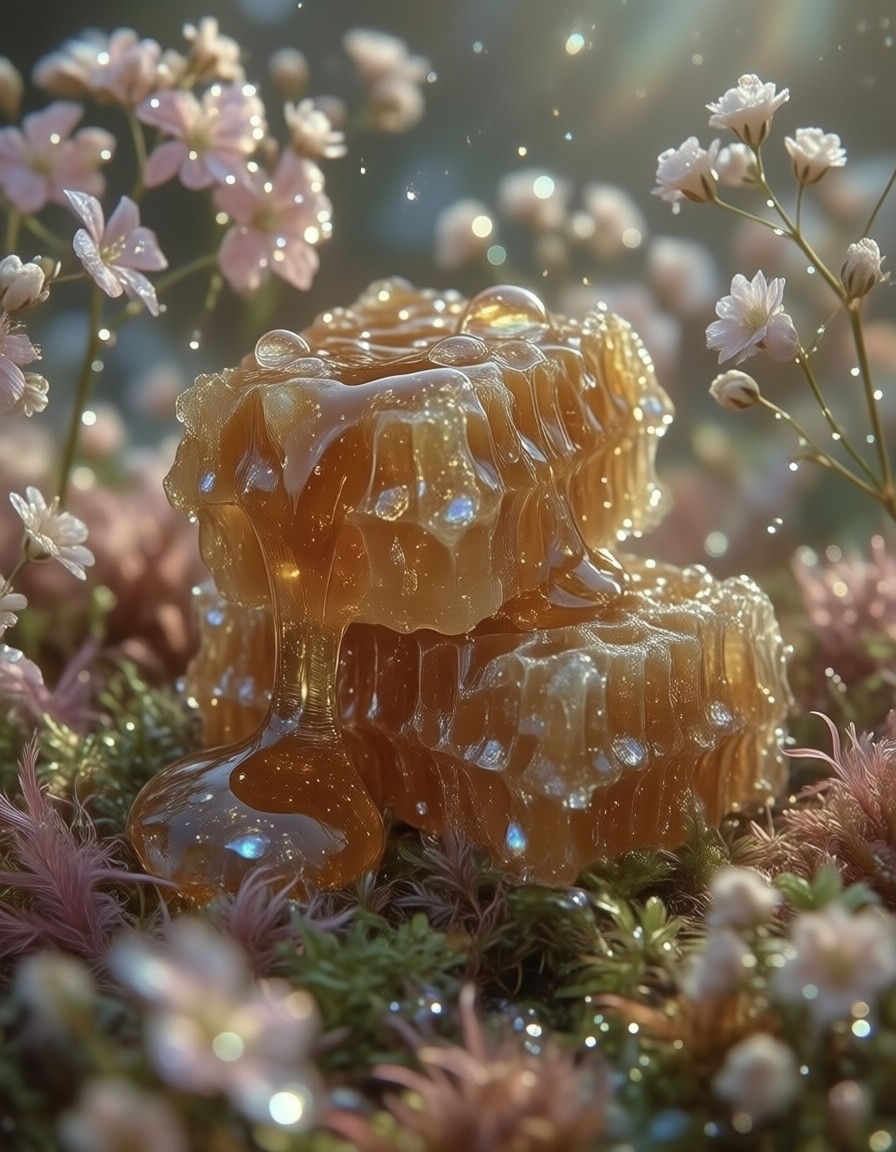 Golden Honeycomb on Pink Moss with Dewdrops — AI generated image