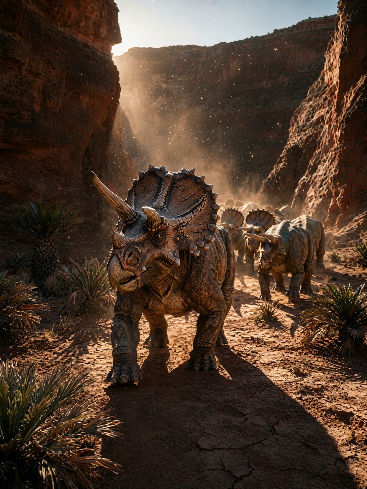 Triceratops Herd In Red Canyon — AI generated image