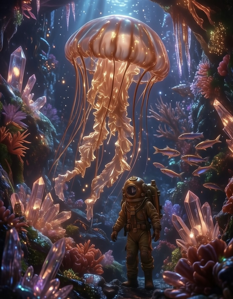 Bioluminescent Deep-Sea Cavern — AI generated image