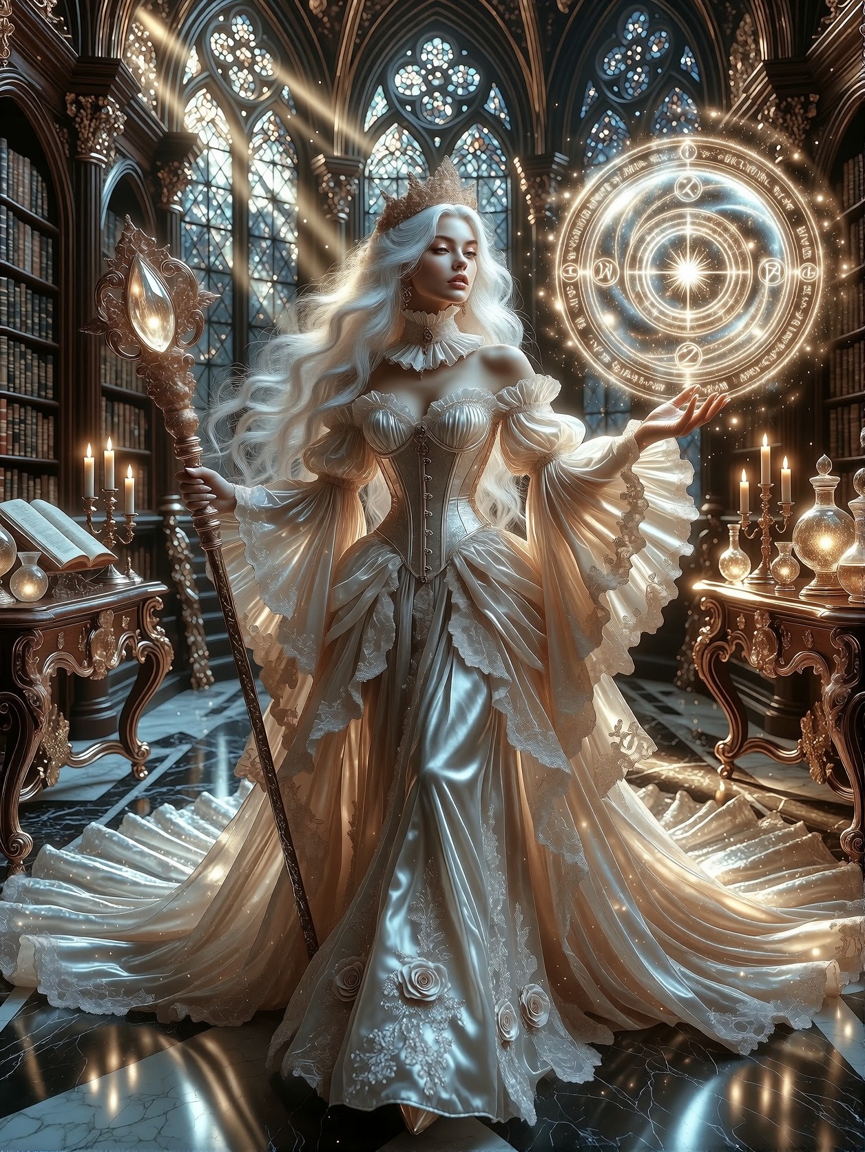 Ethereal Sorceress in Gothic Library-Temple — AI generated image
