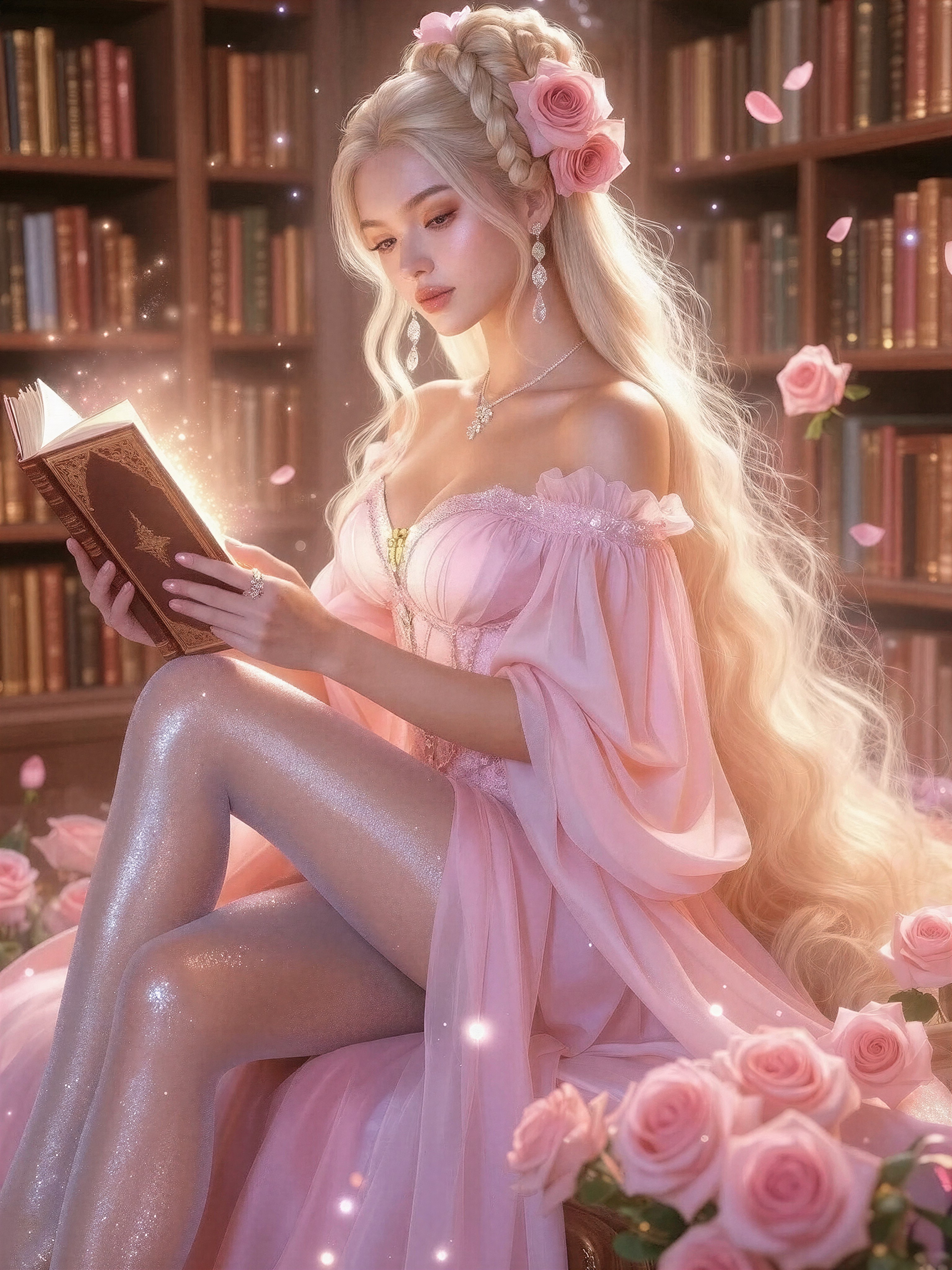 Elegant Woman with Glowing Book in Magical Library — AI generated image