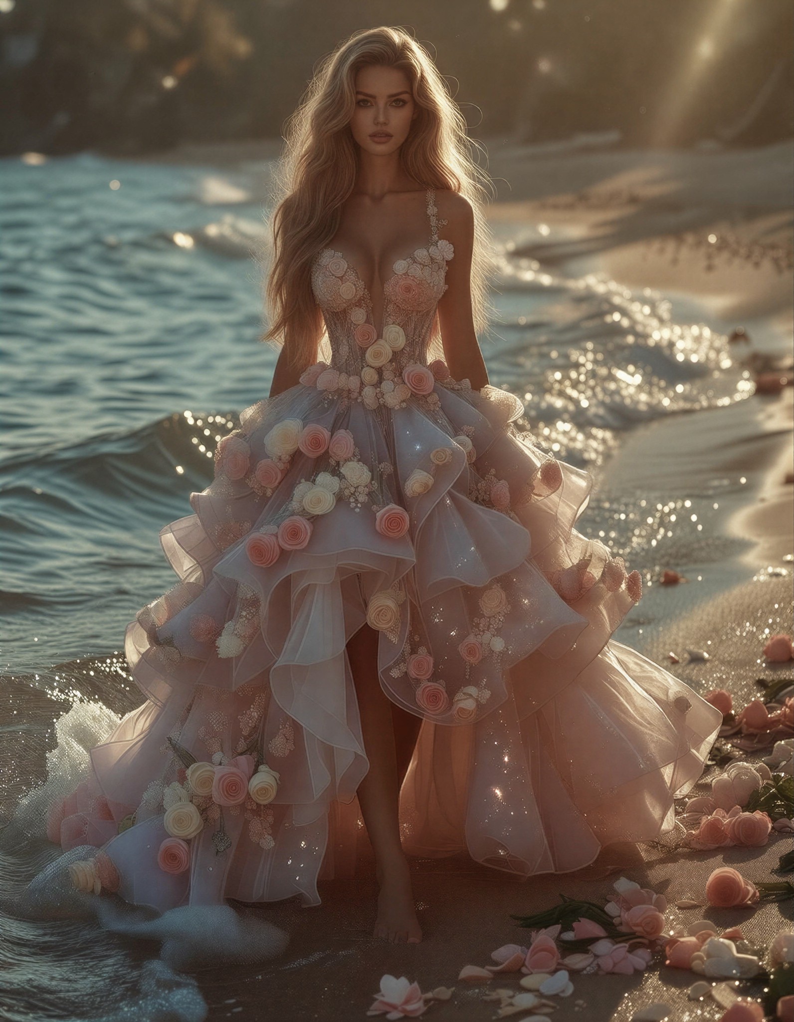 Dreamy Beachwalk in Lavender Gown — AI generated image