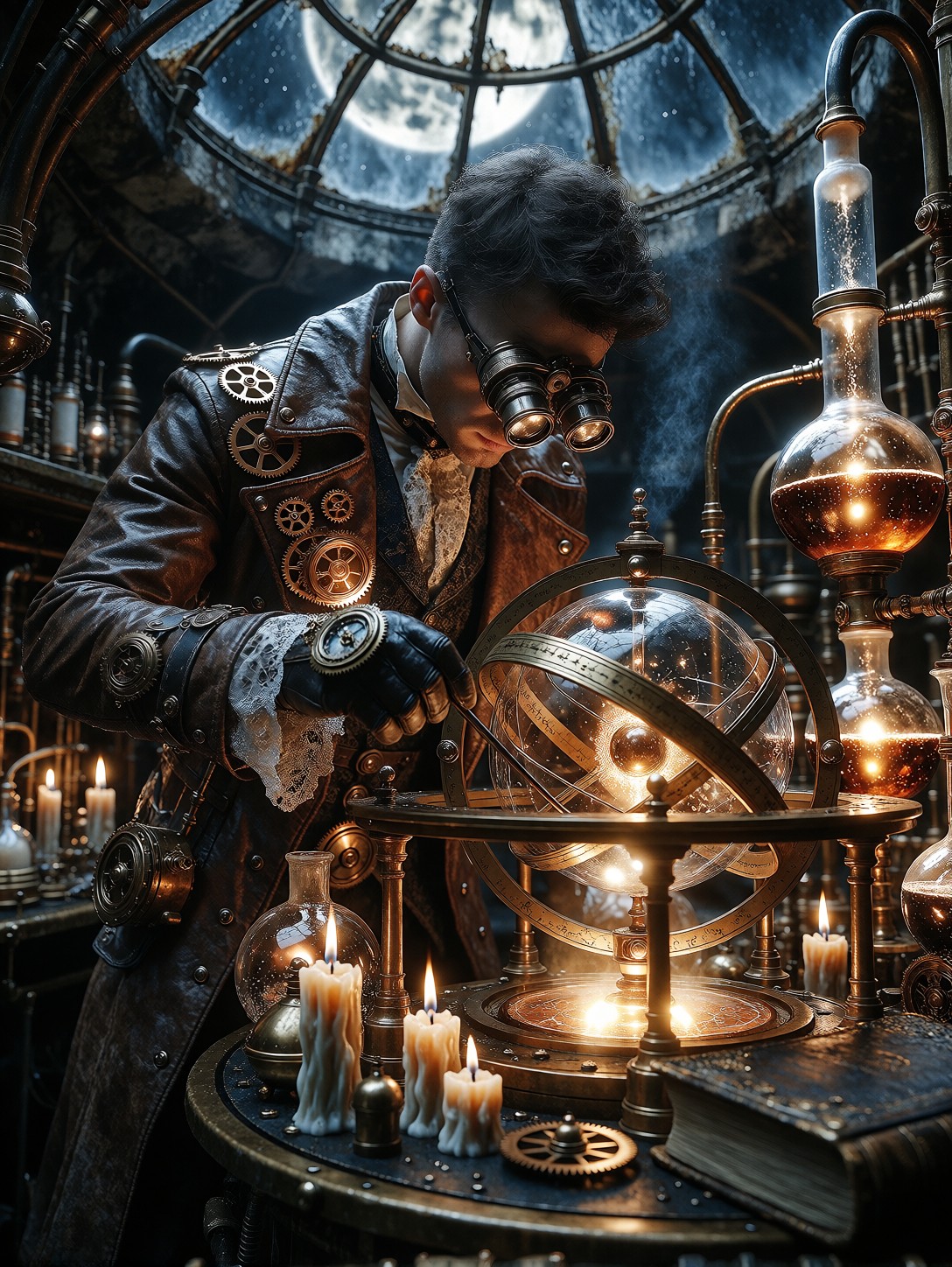 Focused Male Alchemist In Steampunk Workshop — AI generated image
