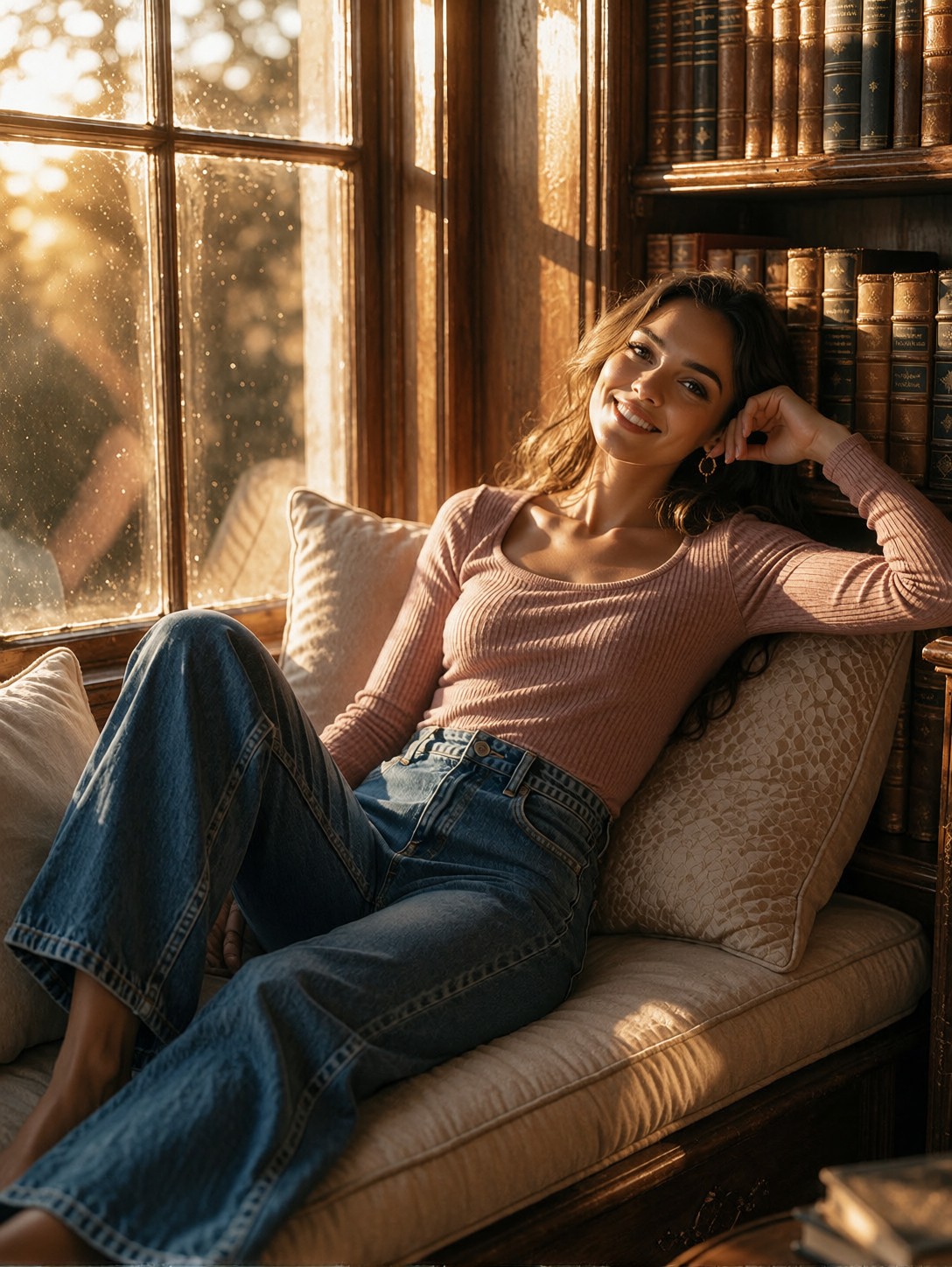 Young Woman Resting In Cozy Library — AI generated image