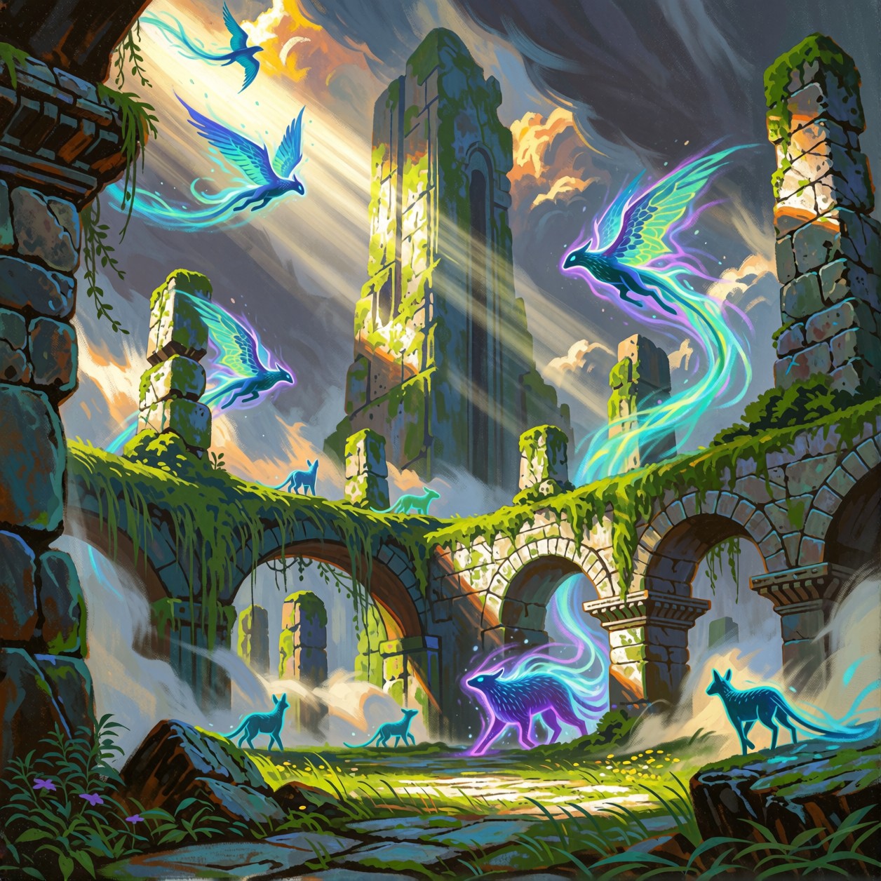 Towering Mossy Ruins And Mystical Creatures — AI generated image