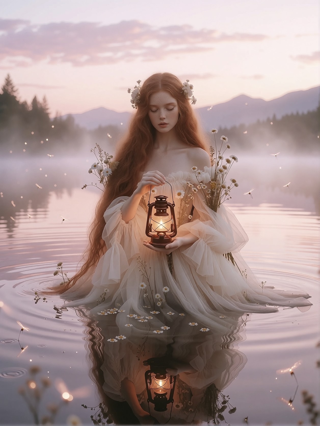 Ethereal Woman with Lantern on Dreamy Lake — AI generated image