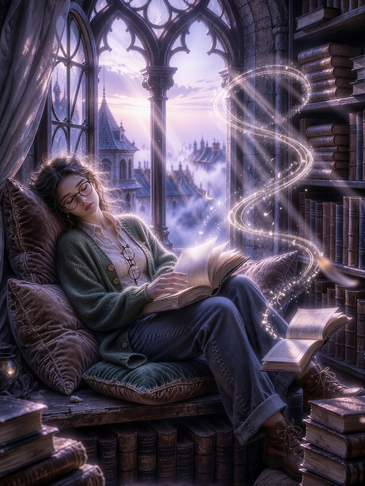 Librarian Dozing In Tower Window — AI generated image