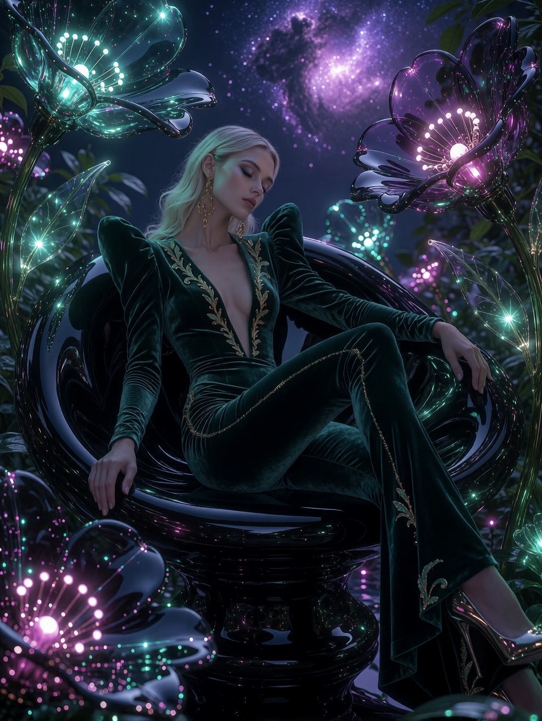 Emerald Velvet Surreal Fashion Dreamscape — AI generated image