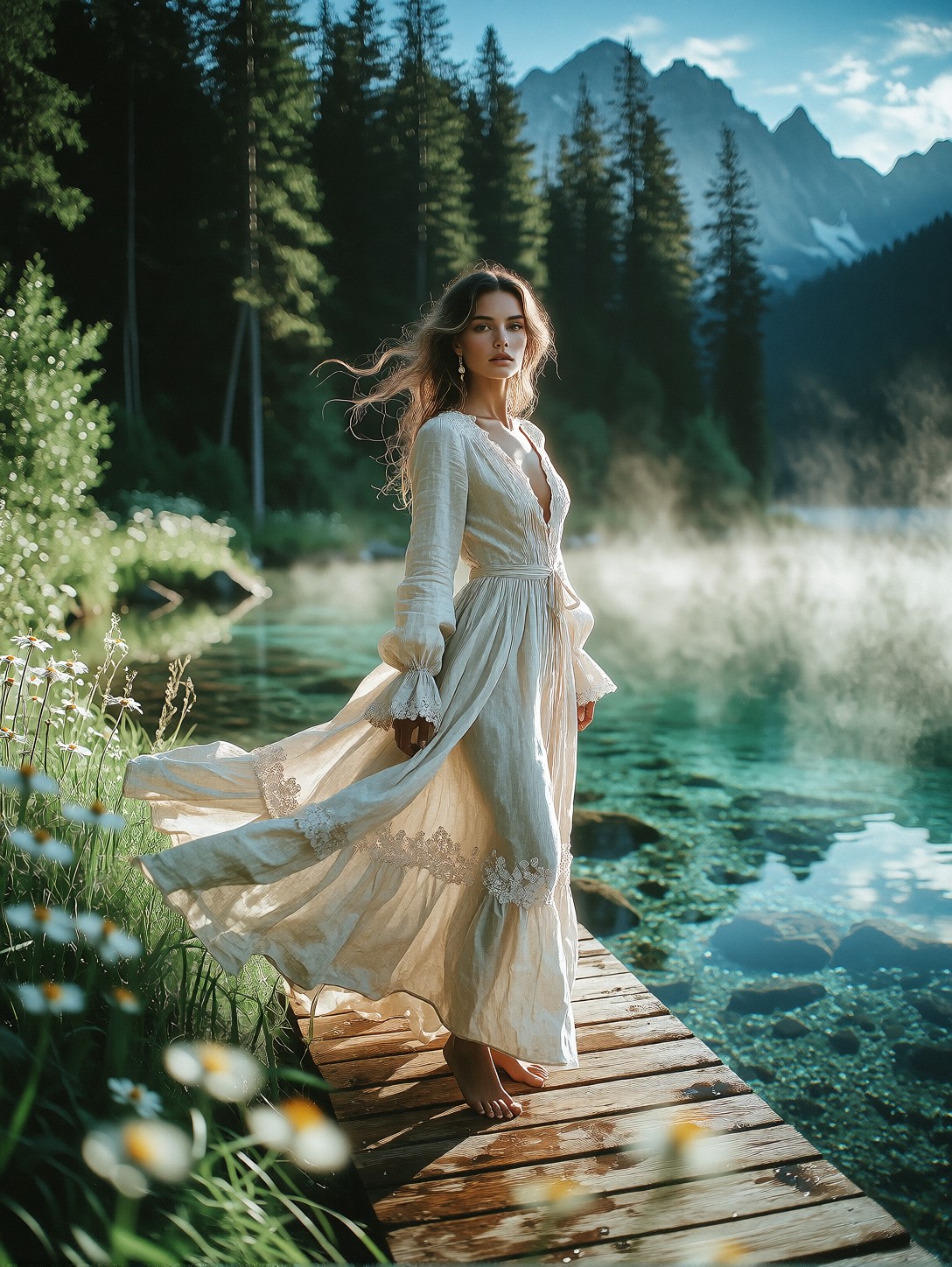 Barefoot Woman In Flowing Ivory Dress — AI generated image