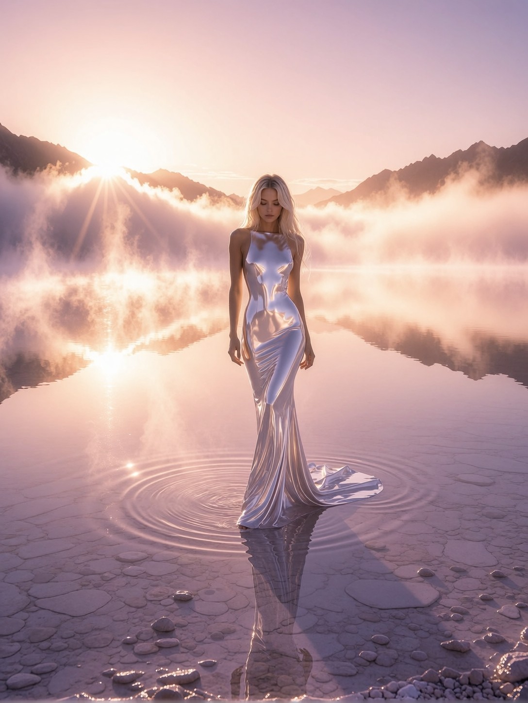 Silver Gown Reflections at Dawn — AI generated image