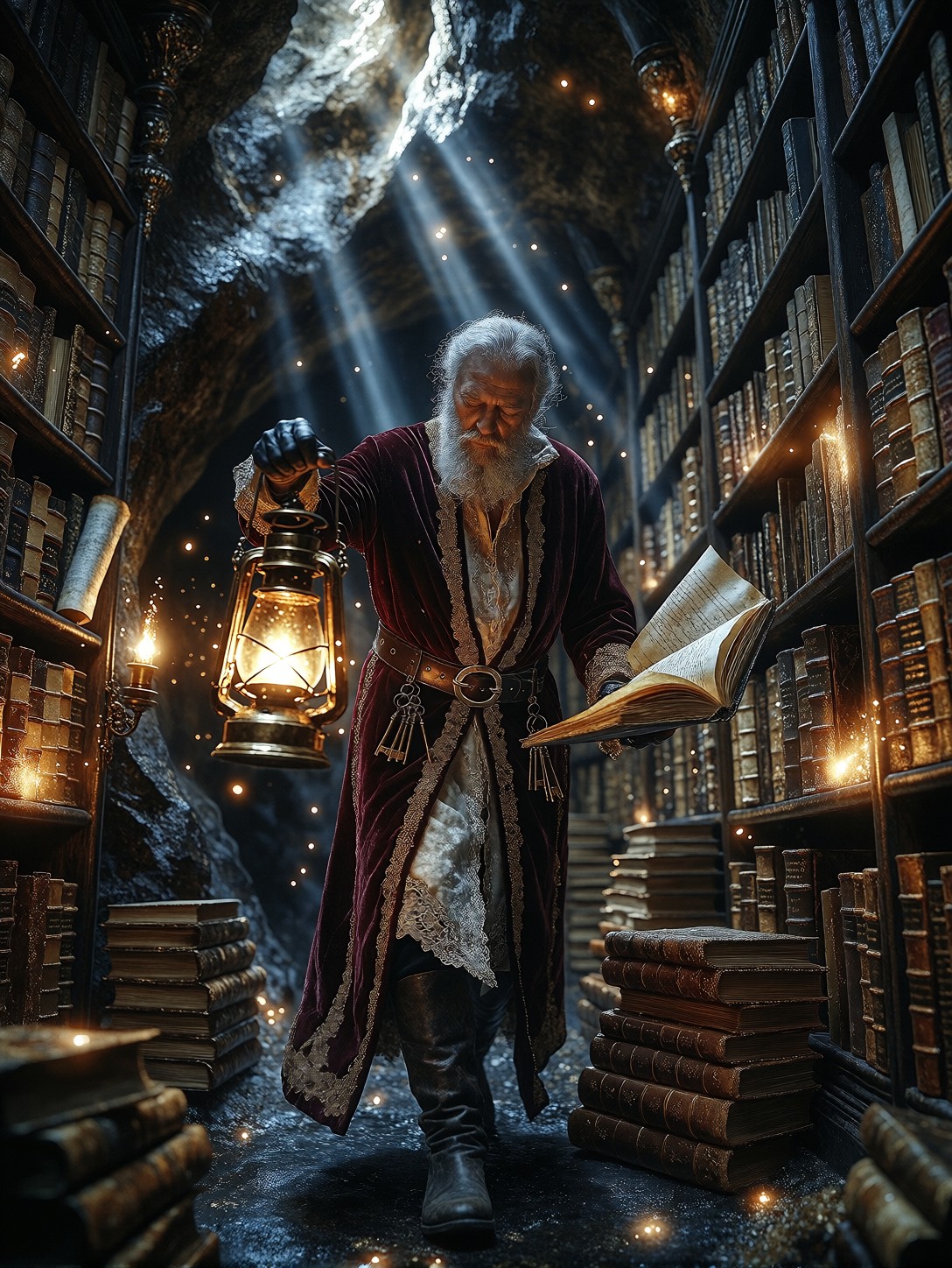 Cinematic Archivist In Subterranean Library — AI generated image