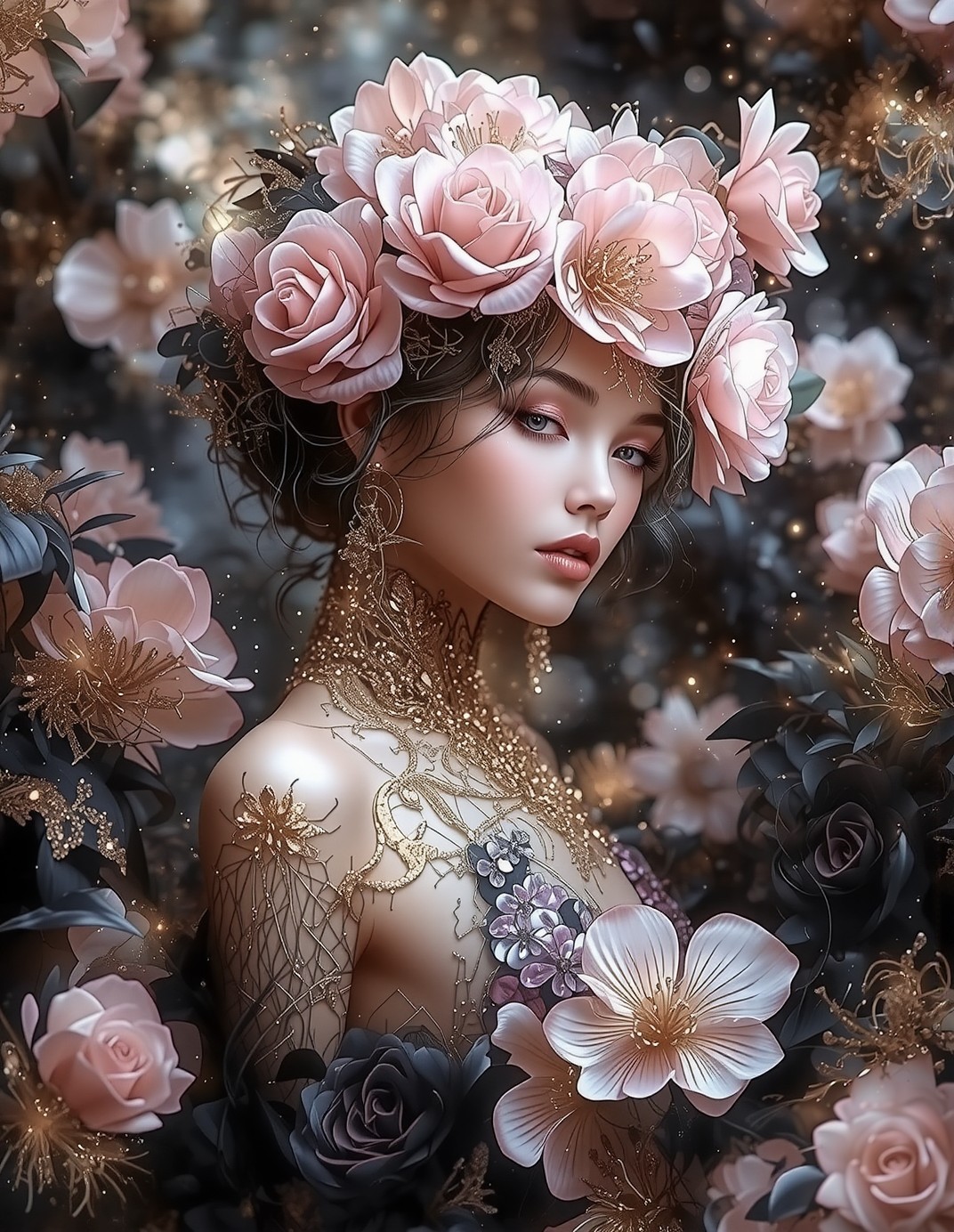 Elegant Monochrome Portrait with Floral Crown — AI generated image