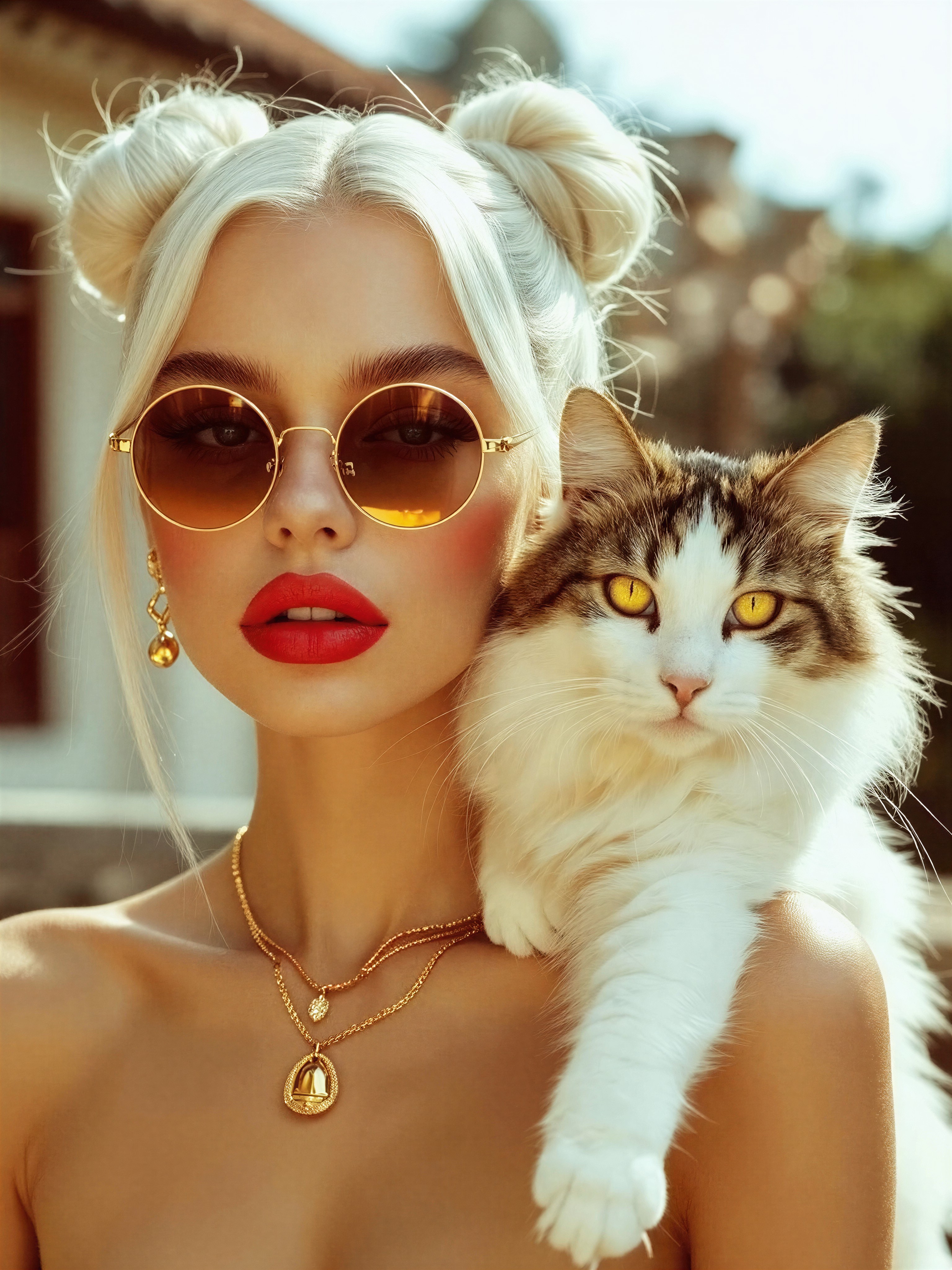 Glamorous Woman with Cat in Golden Light — AI generated image