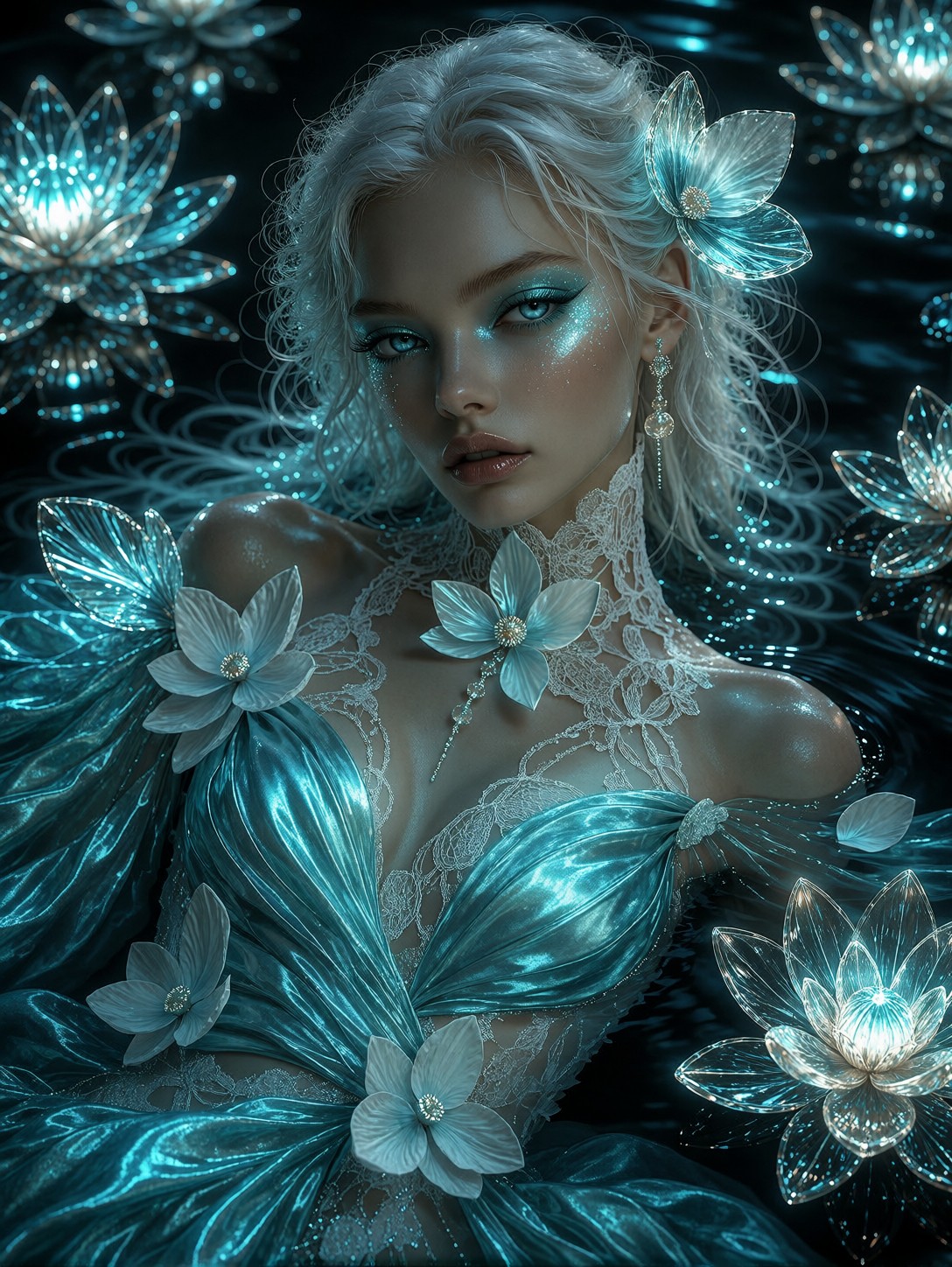 Ethereal Woman In Glowing Midnight Lake — AI generated image