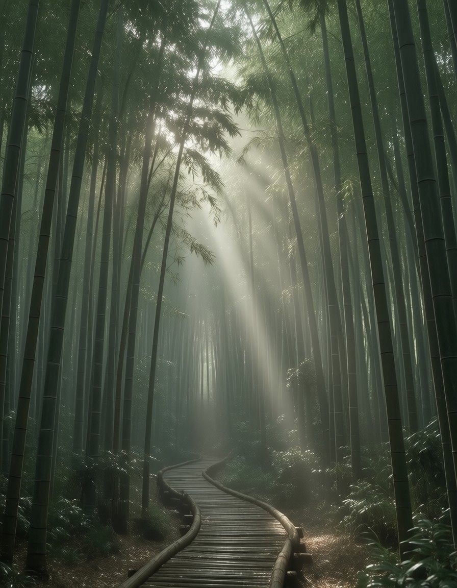 Mist-Cloaked Bamboo Grove with Komorebi Light — AI generated image