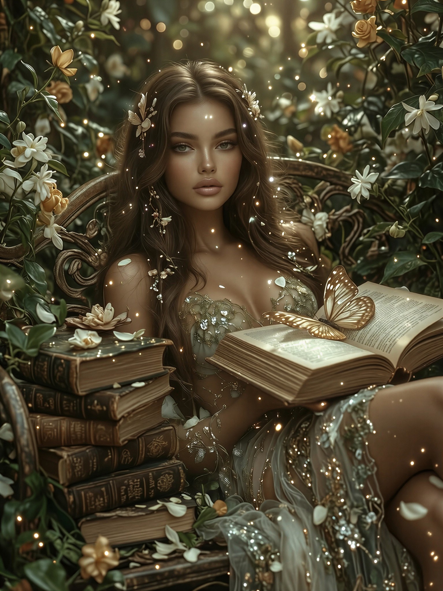 Ethereal Woman in Enchanted Garden with Blooming Books — AI generated image