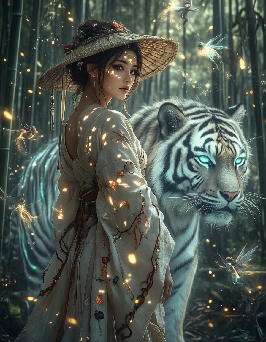 Miko Priestess with Spectral Tiger in Bamboo Grove — AI generated image