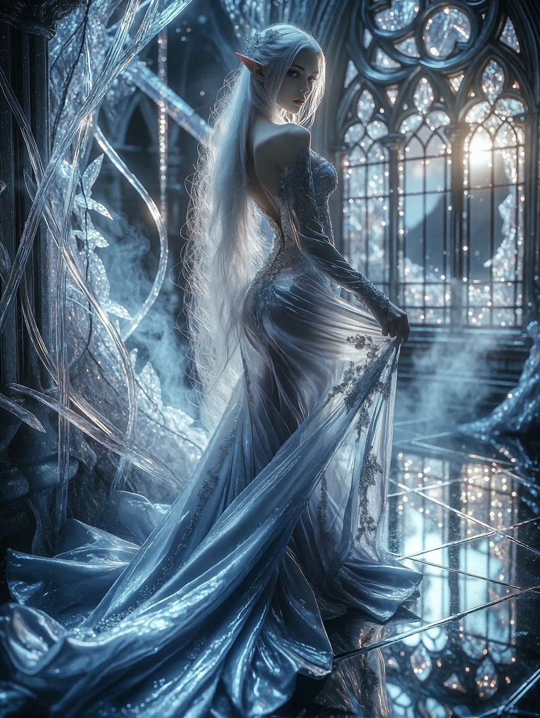 Ethereal High Elf Princess In Crystal Hall — AI generated image