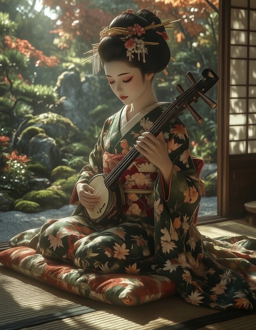Geisha Playing Shamisen in Autumn Teahouse — AI generated image