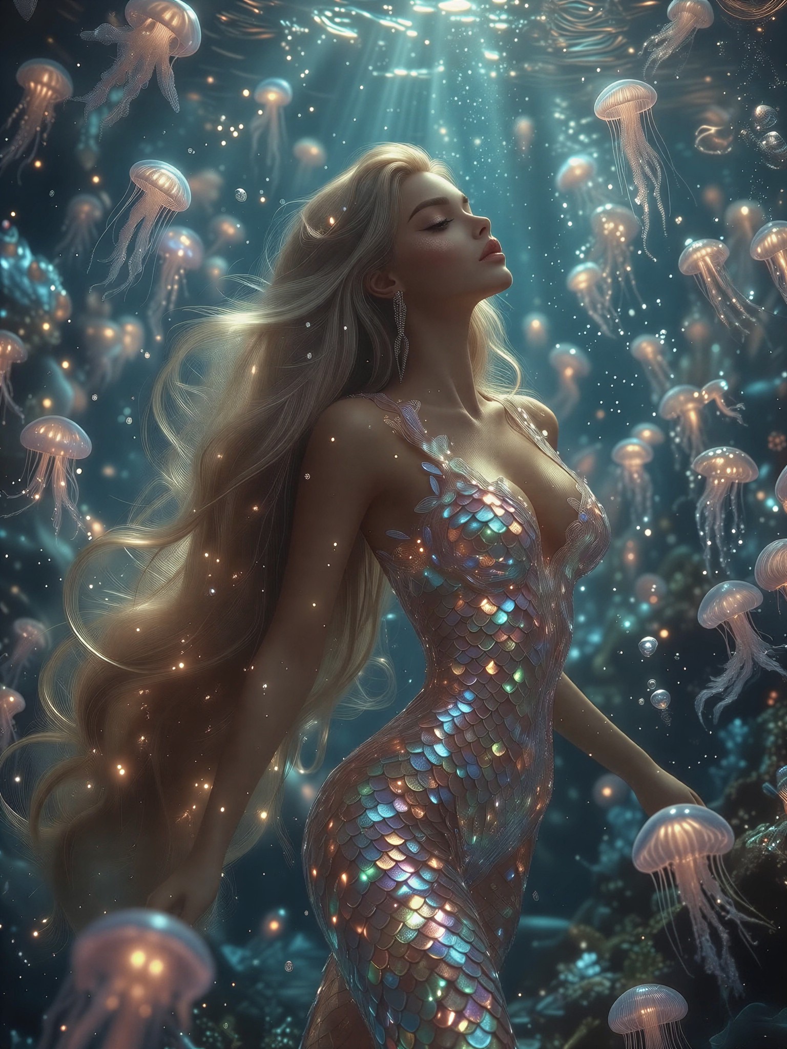 Graceful Woman Amidst Glowing Jellyfish — AI generated image