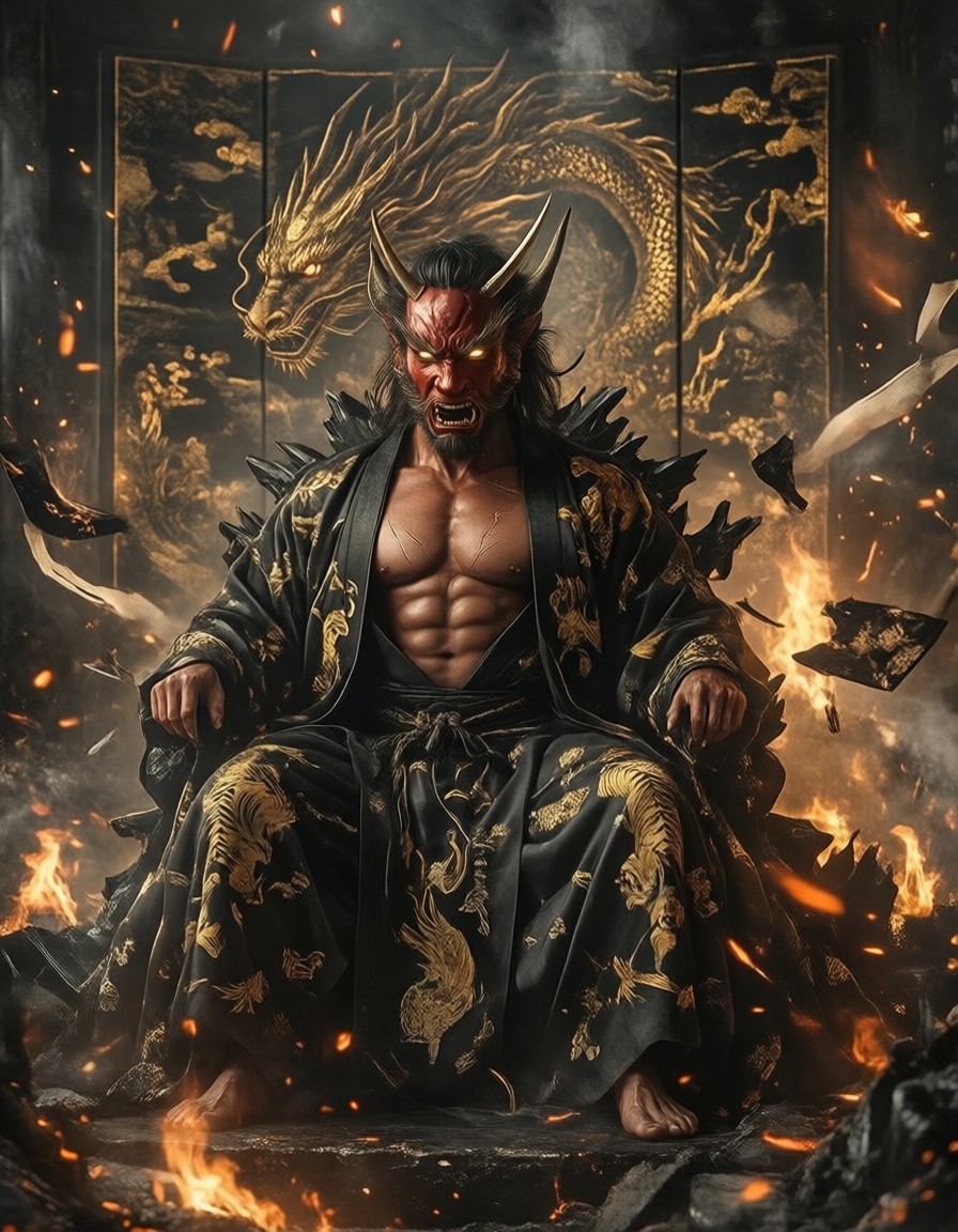 Fiery Oni Demon Lord in Burning Temple — AI generated image