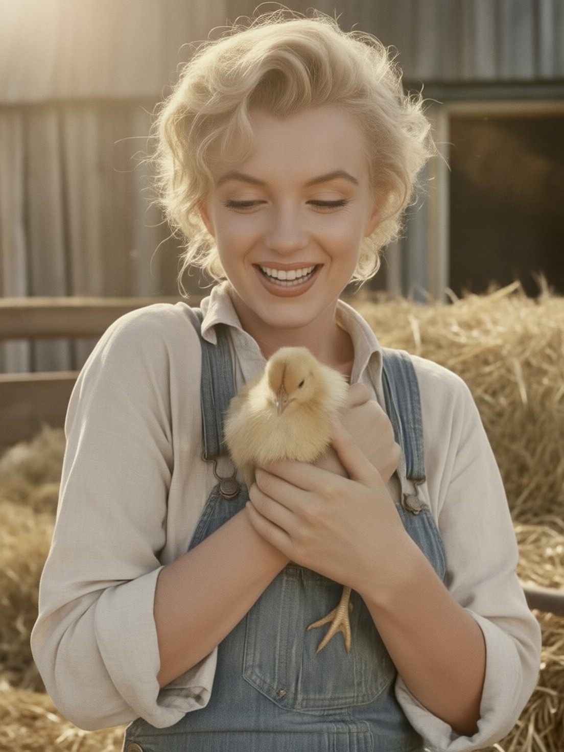 Marilyn Monroe with Golden Hen on Sunlit Farm — AI generated image